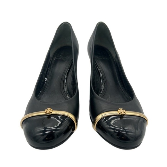 Tory Burch Shoes - Classic‎ Tory Burch Black Leather Gold Logo Wedge Heel Pumps Shoes Size 8.5M